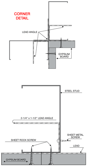 Illustrations of One Piece Leak-proof System used with lead lined gypsum board. 